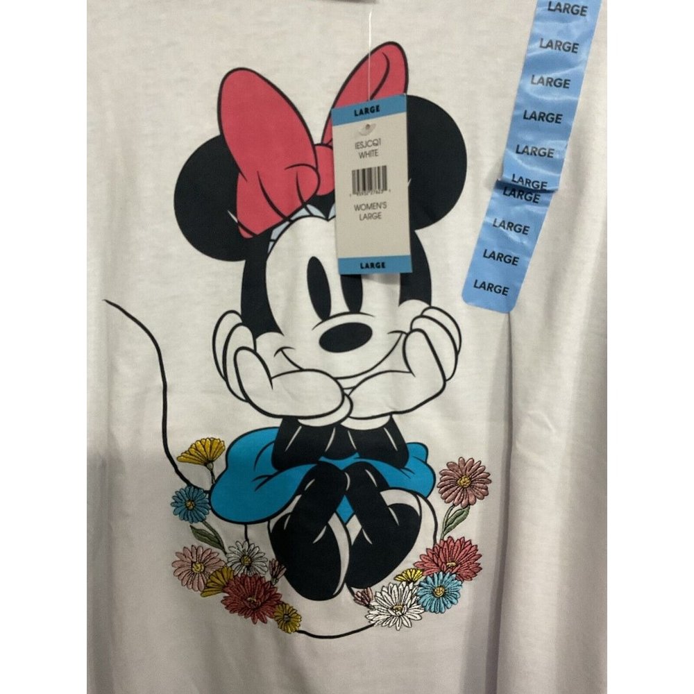 Disney Minnie Mouse T-Shirt White Embroidered Flowers Size Large NWT